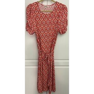 Boden Jersey Short Sleeve Dress Orange w/Geometric Print Belt Size 12L